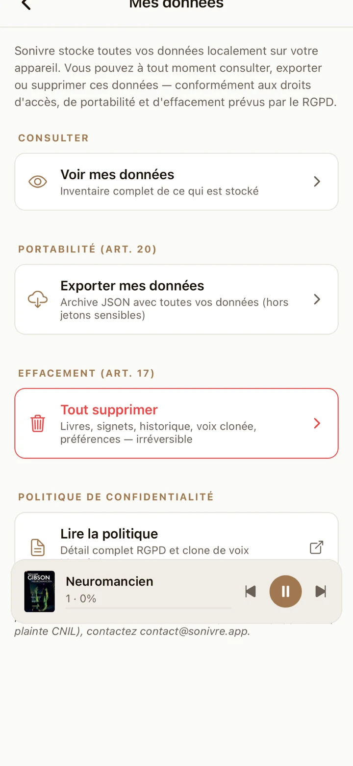 Écran Mes données — RGPD