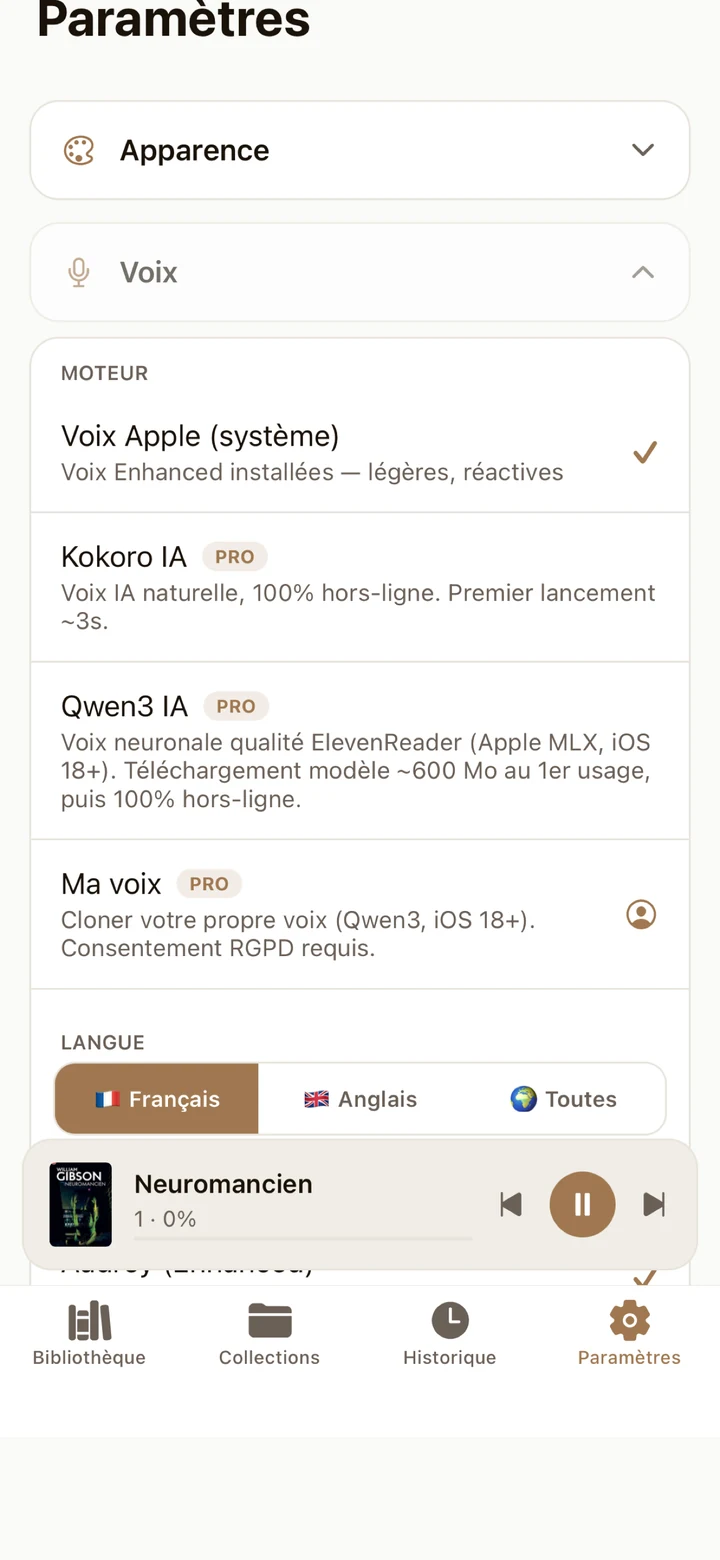 Écran Paramètres de Sonivre